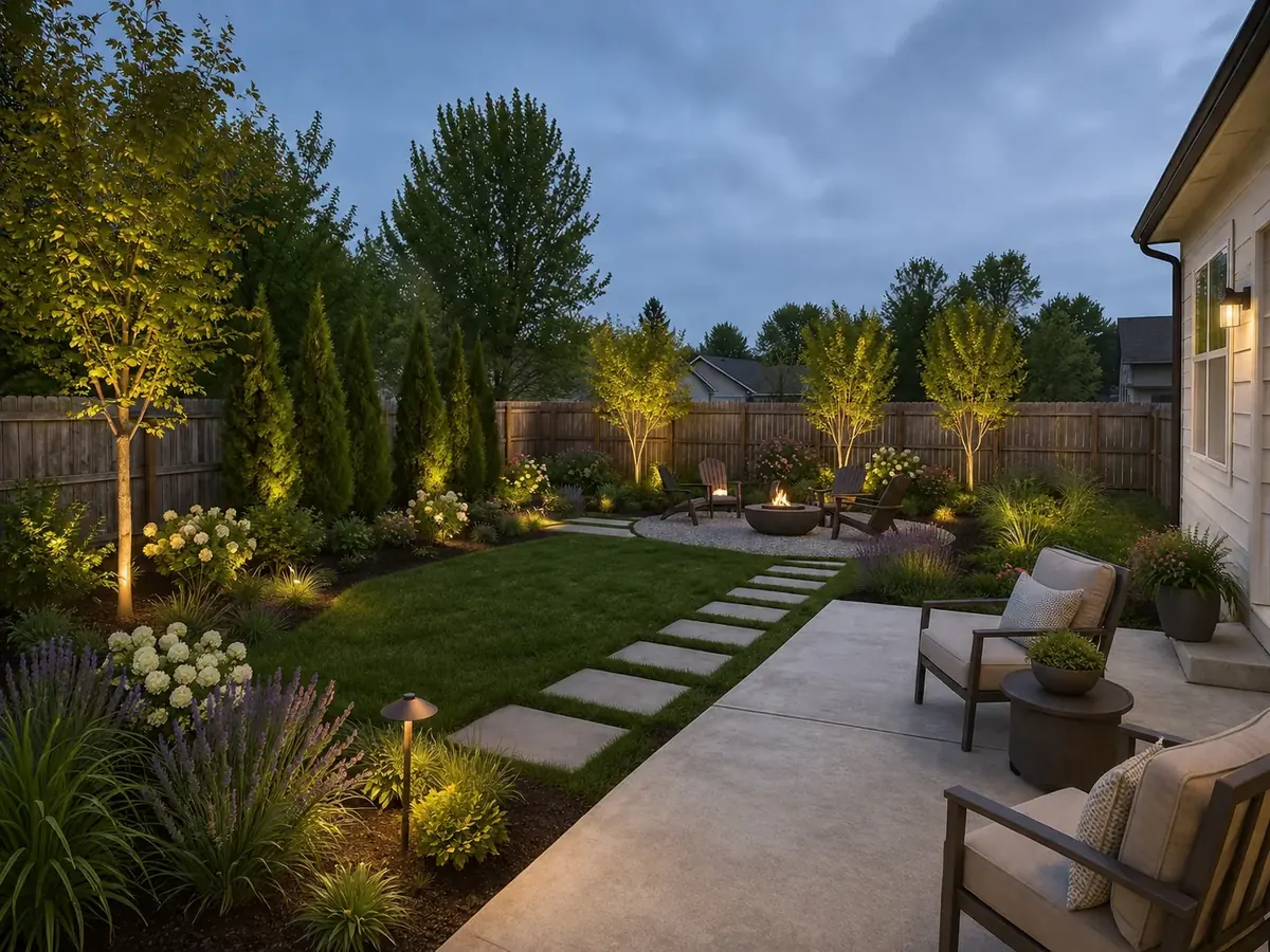 Backyard landscape concept with seating, planting beds, privacy, and lighting