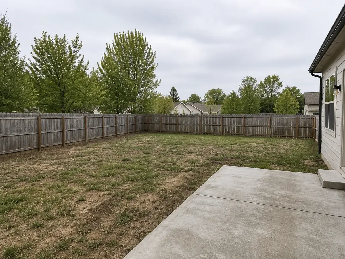 Backyard before landscape concept with an underused lawn and patio area