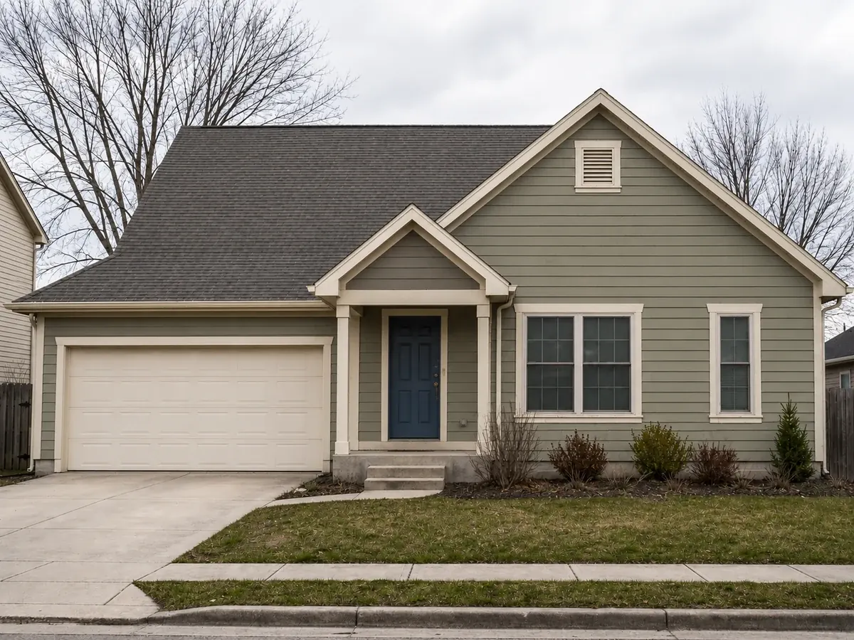AI exterior color study with a muted gray-green body, warm cream trim, and a dark blue front door
