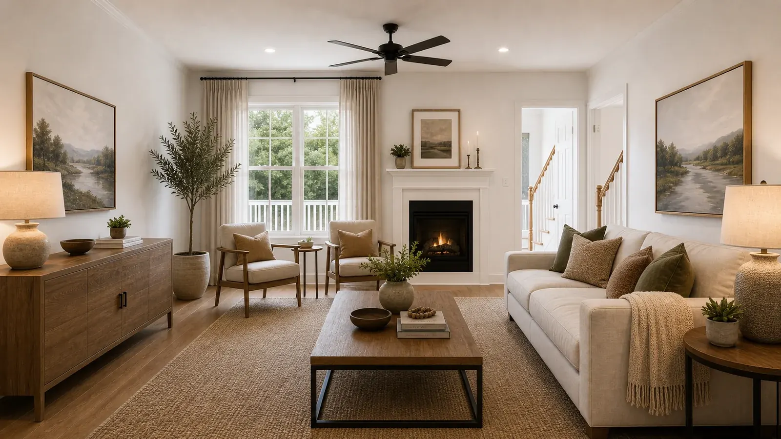 Warm neutral living room showing how wall color relates to wood, upholstery, black accents, daylight, and lamps