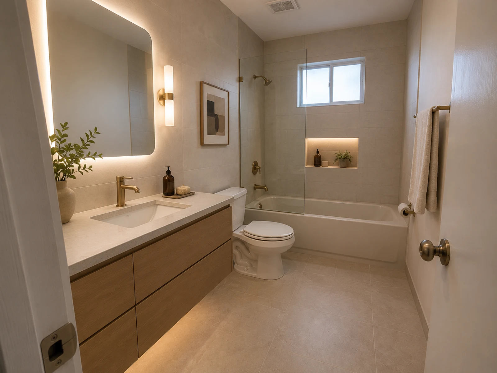 AI bathroom design concept with floating vanity, warm tile, glass shower, and mirror lighting