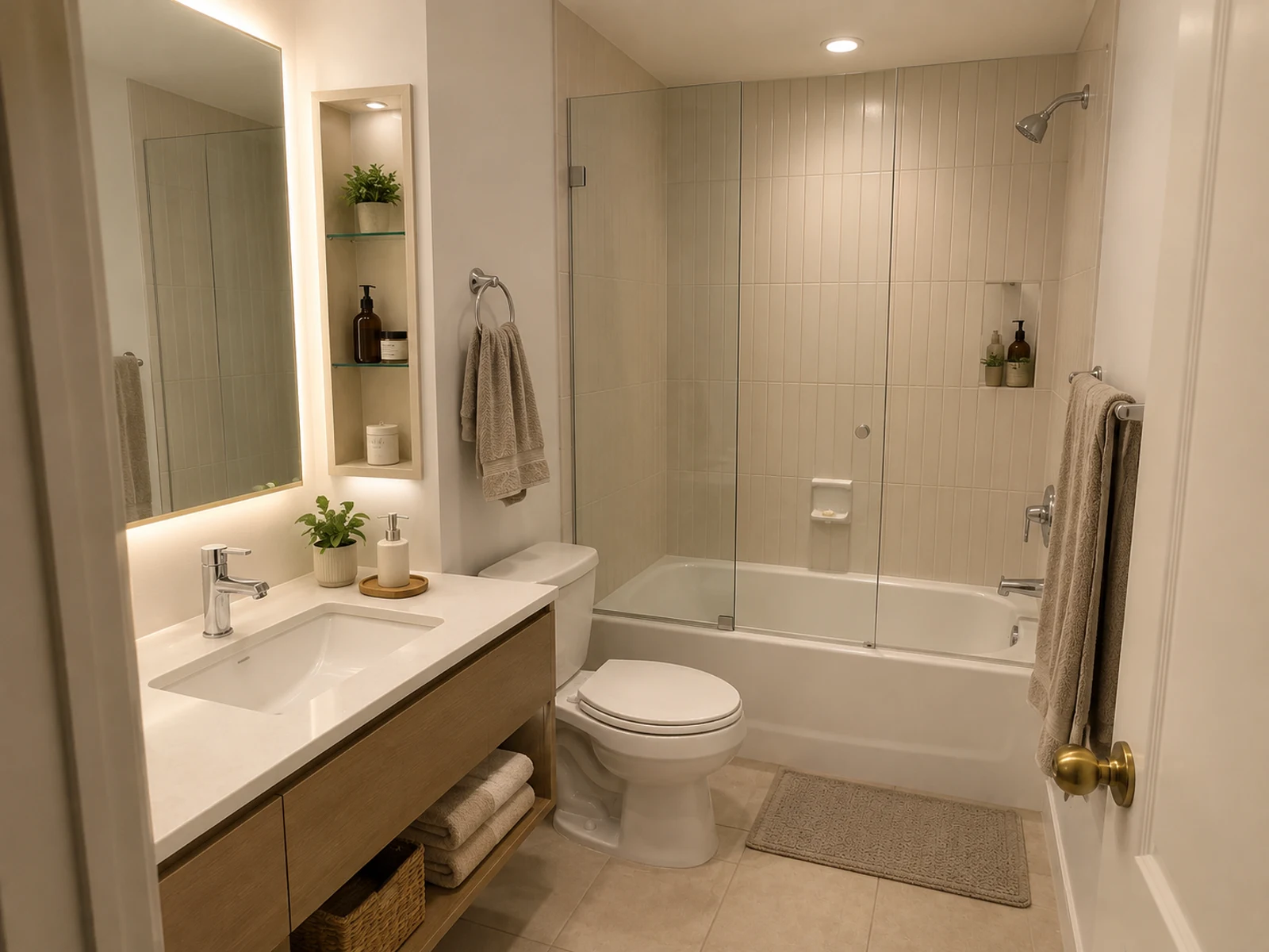 AI small bathroom design with improved vanity storage, light tile, and mirror lighting