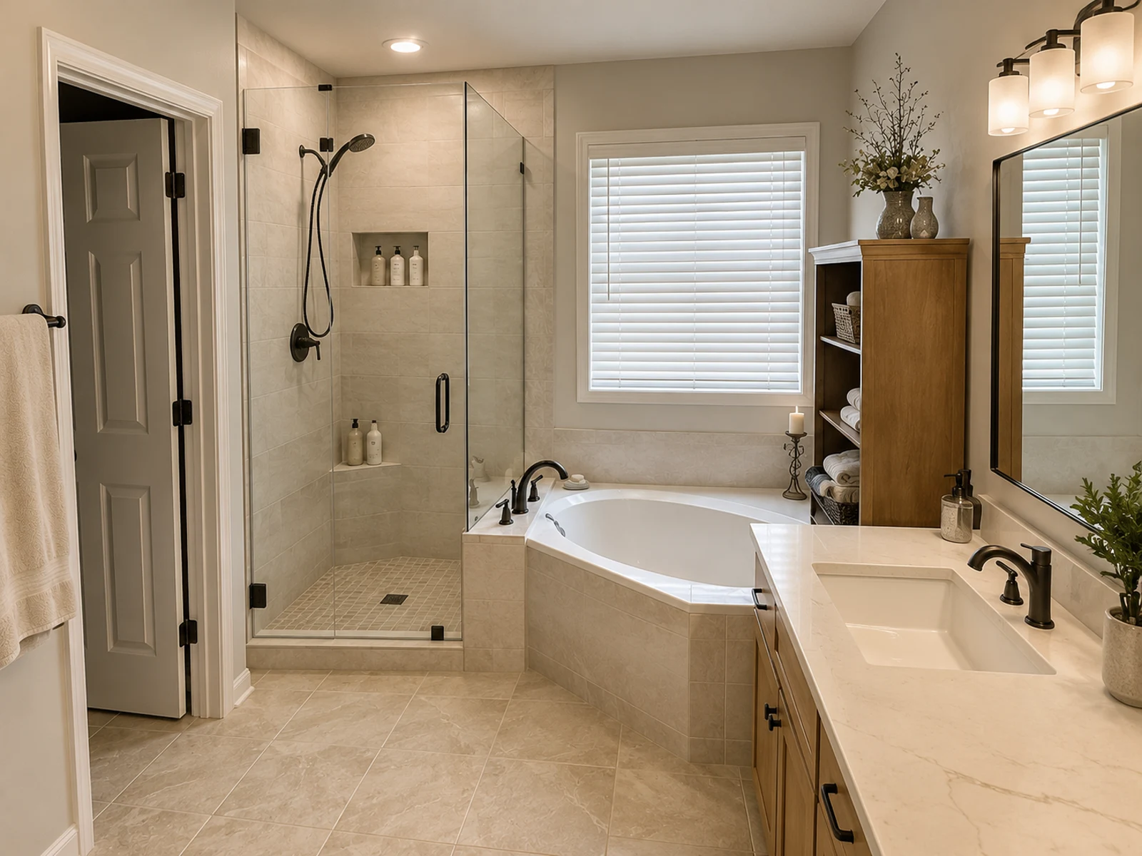 AI bathroom design concept with walk-in shower glass, warmer tile, and improved vanity lighting