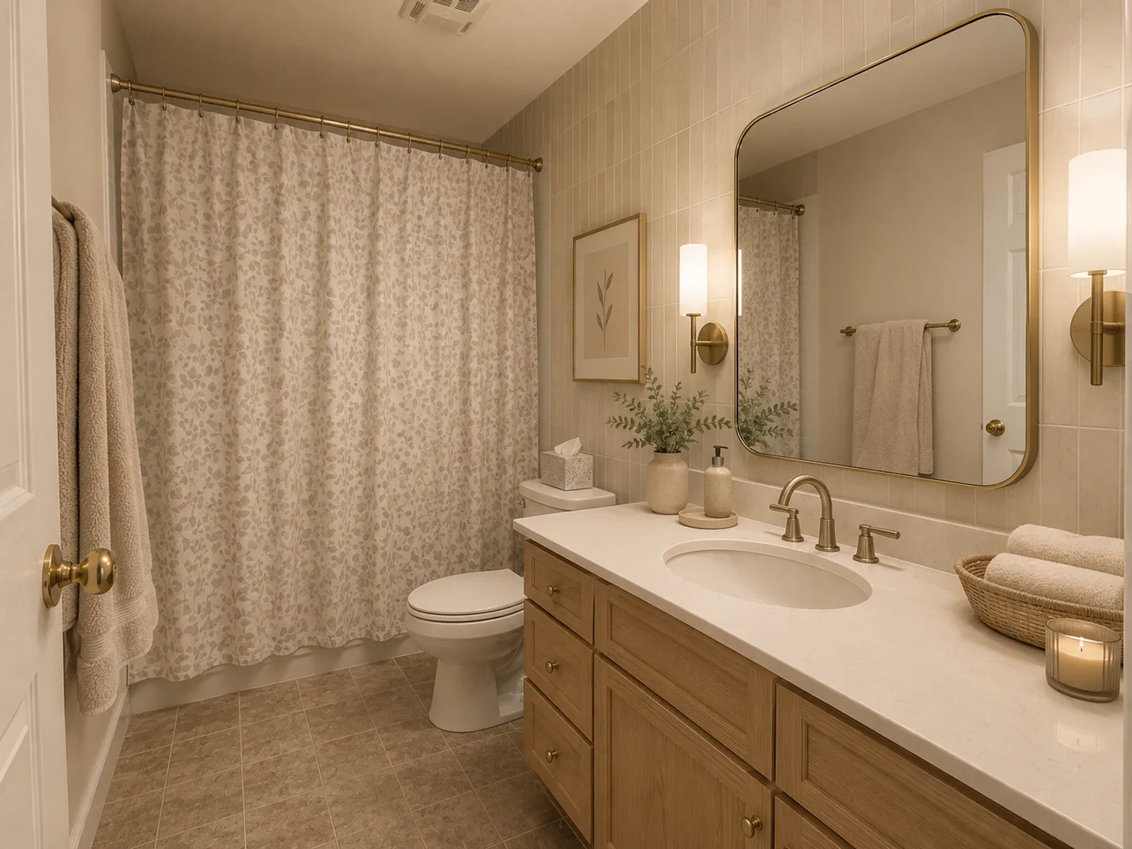 AI guest bathroom design with lighter vanity, framed mirror, sconces, and calm neutral palette
