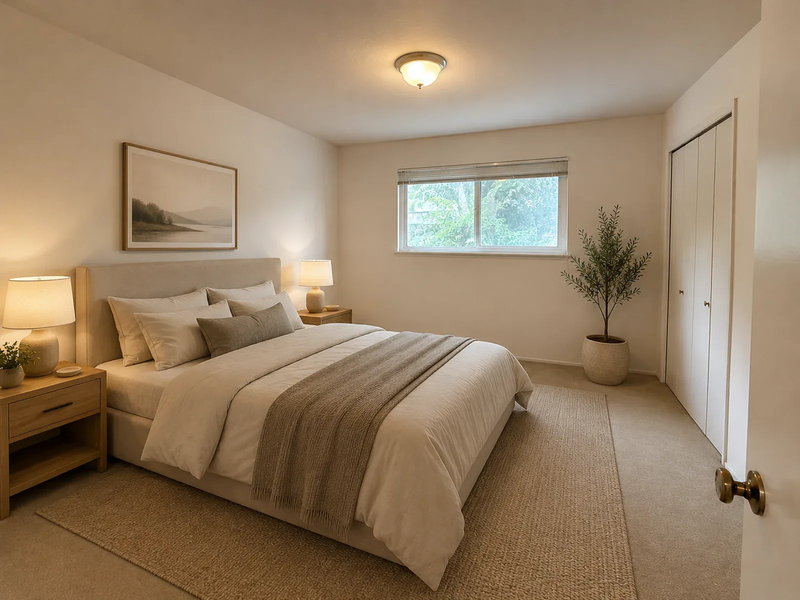 AI bedroom design concept with upholstered bed, oak nightstands, warm lighting, and neutral bedding