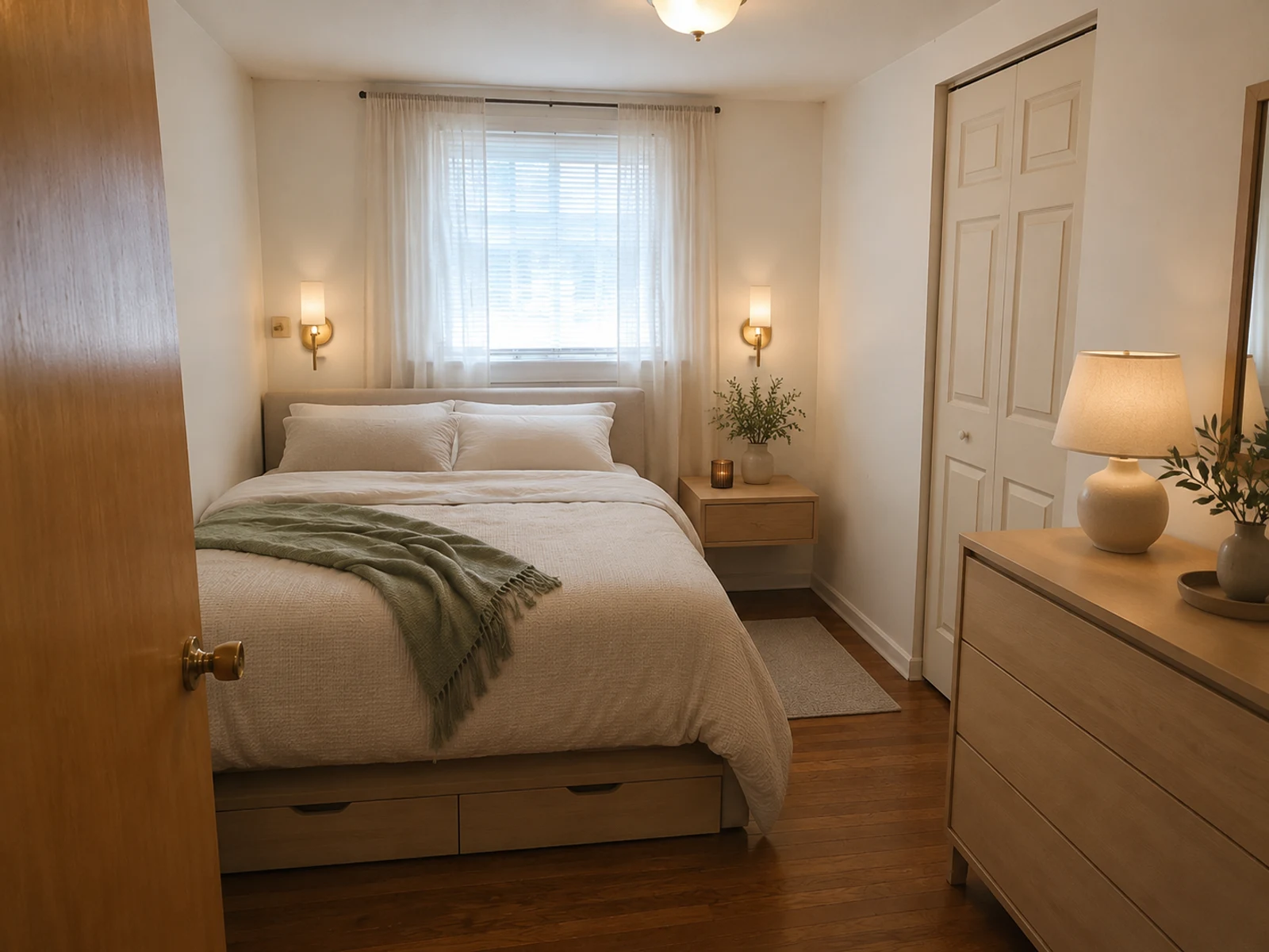 AI small bedroom design with clearer storage, wall sconces, lighter bedding, and calm palette