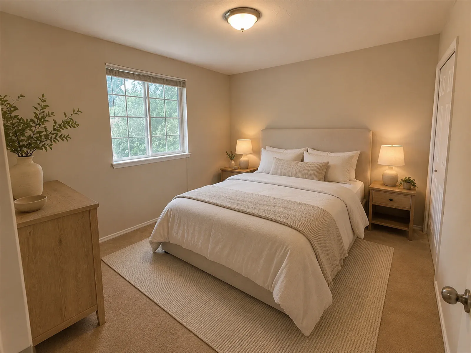AI warm neutral bedroom concept with full bed, compact storage, soft lamps, and light oak dresser