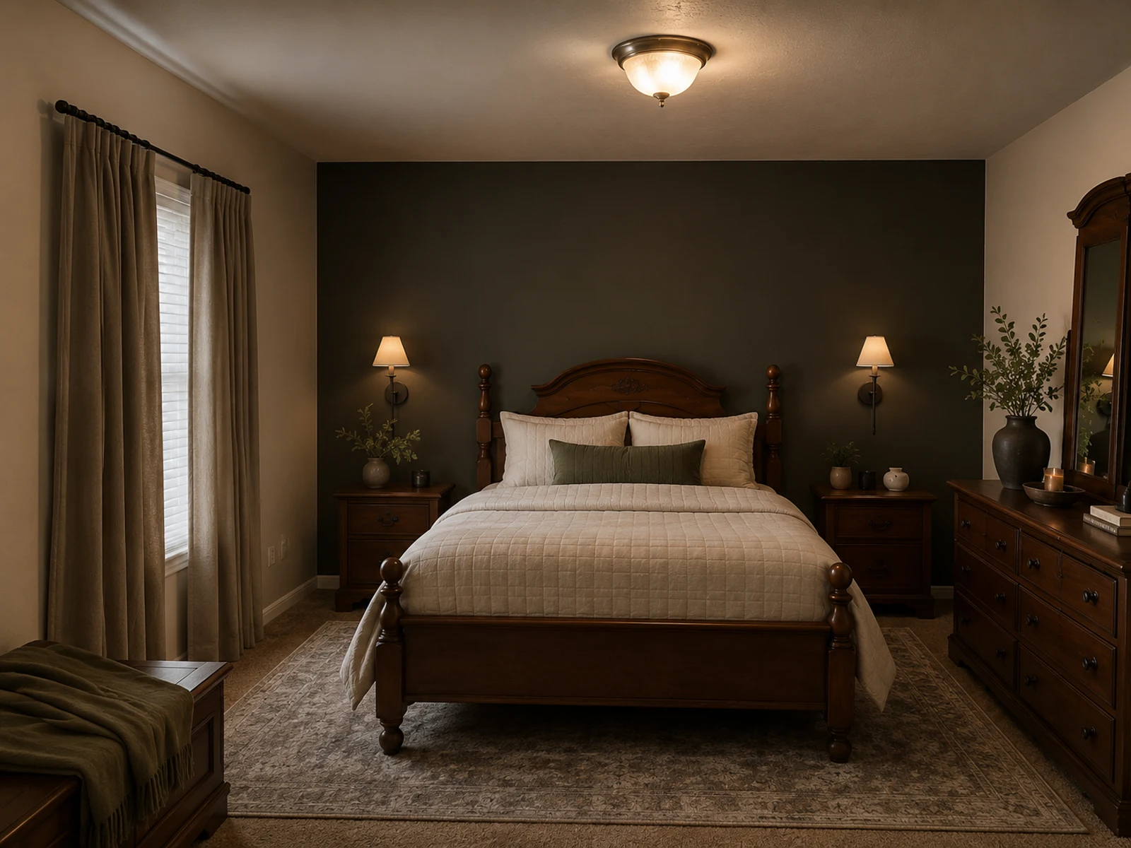 AI dark modern bedroom design with deep accent wall, warm lamps, pale bedding, and rug