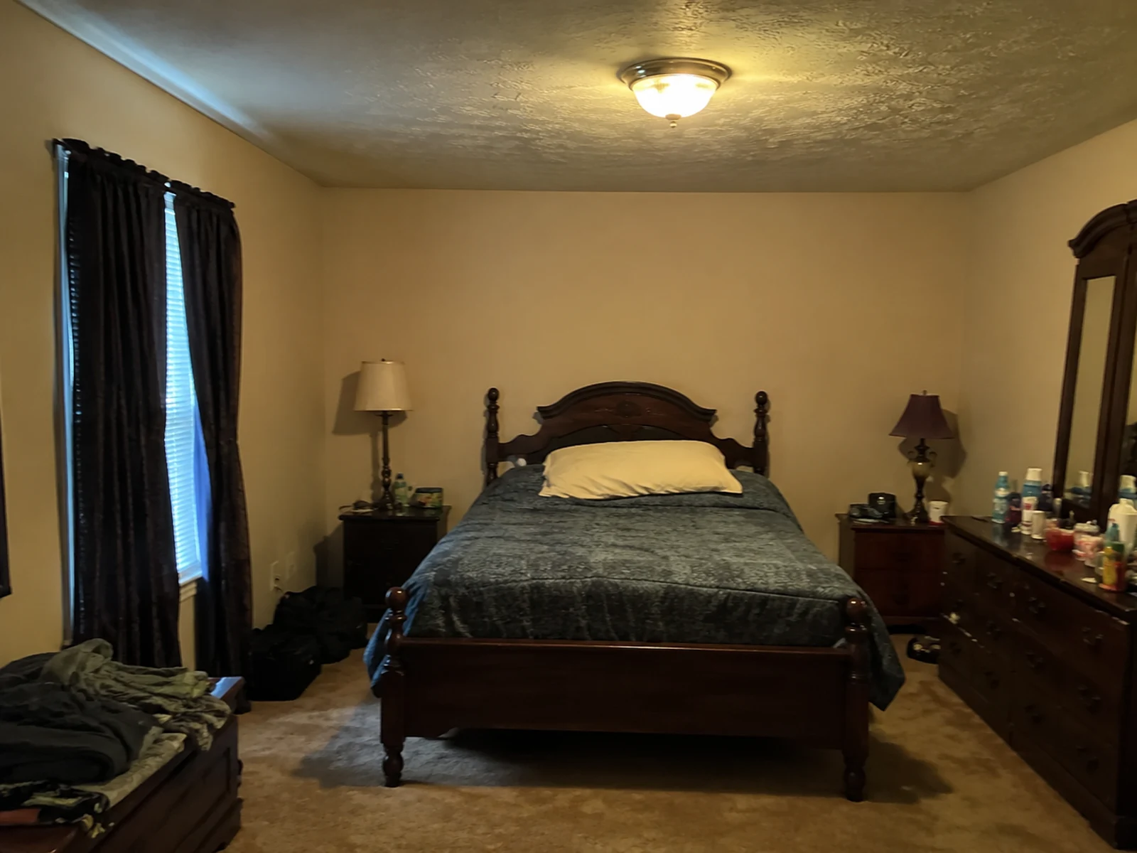 Dated bedroom before AI dark modern lighting and material study