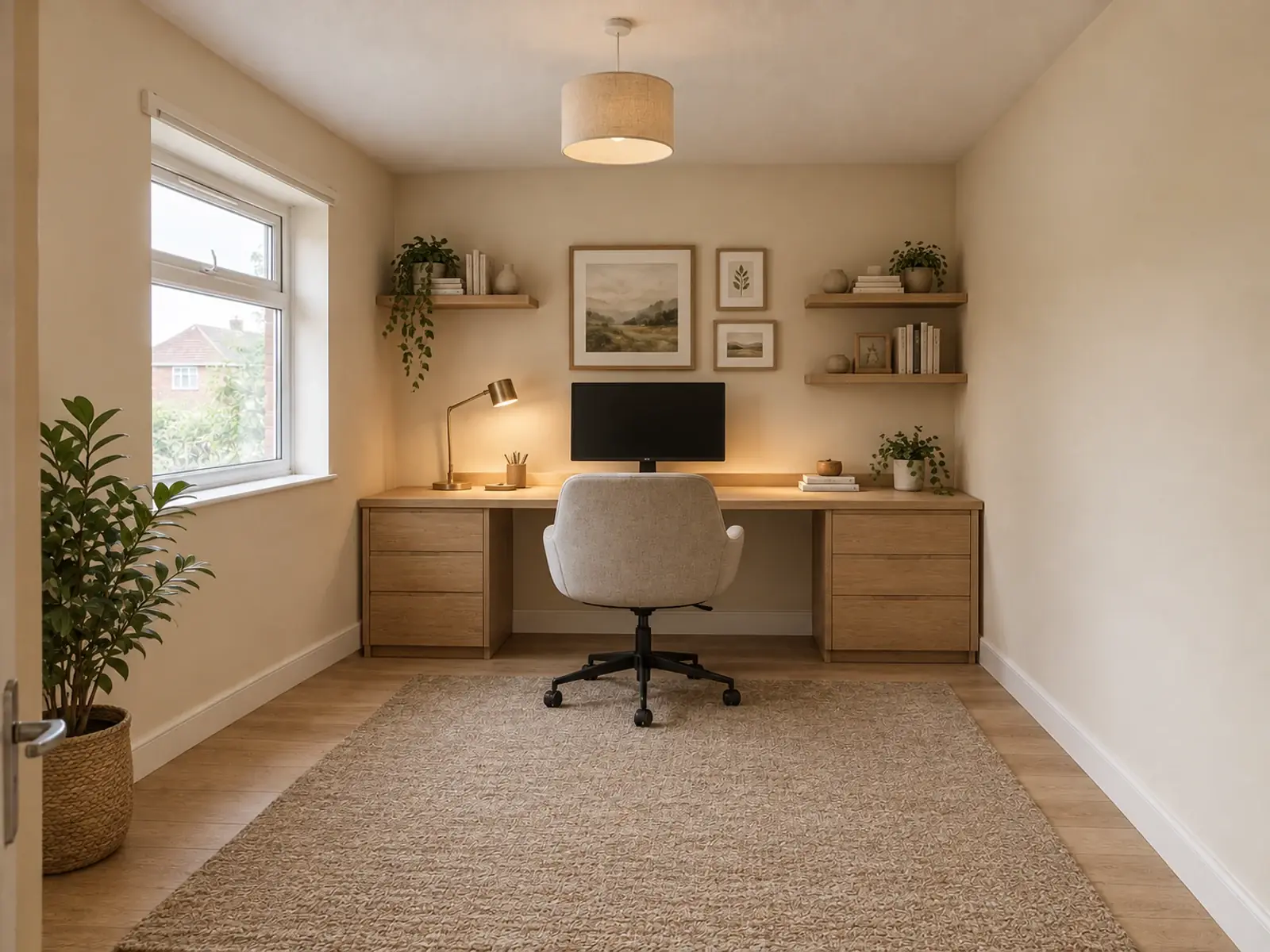 Warm modern home office concept with oak desk, task chair, closed drawers, and shelves