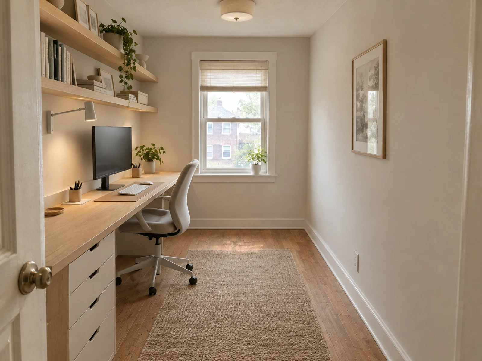 Scandinavian narrow home office concept with a slim desk and storage above the work surface