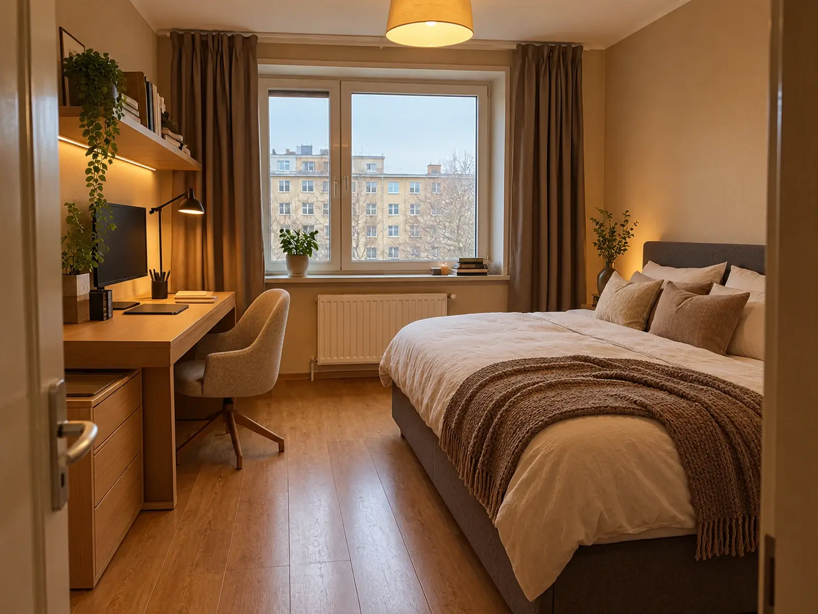 Bedroom concept with a defined oak work corner beside the retained bed