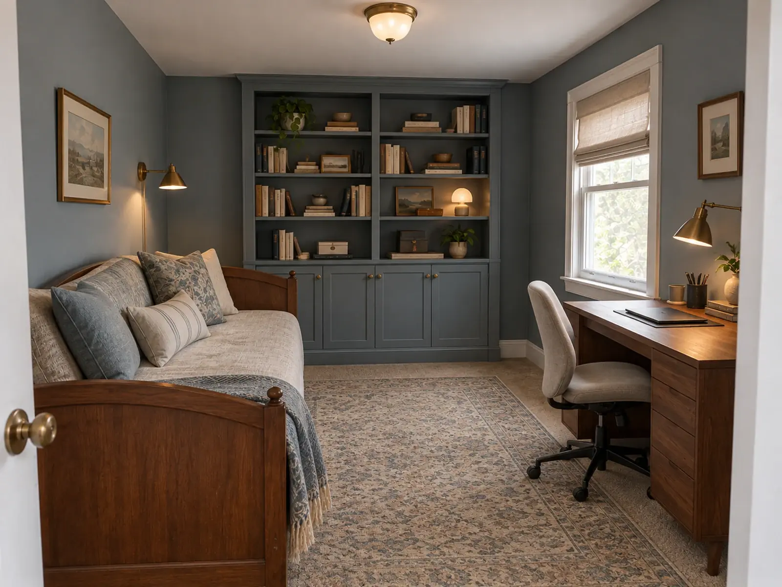Guest room home office concept with walnut desk, daybed, and organized blue-gray shelving