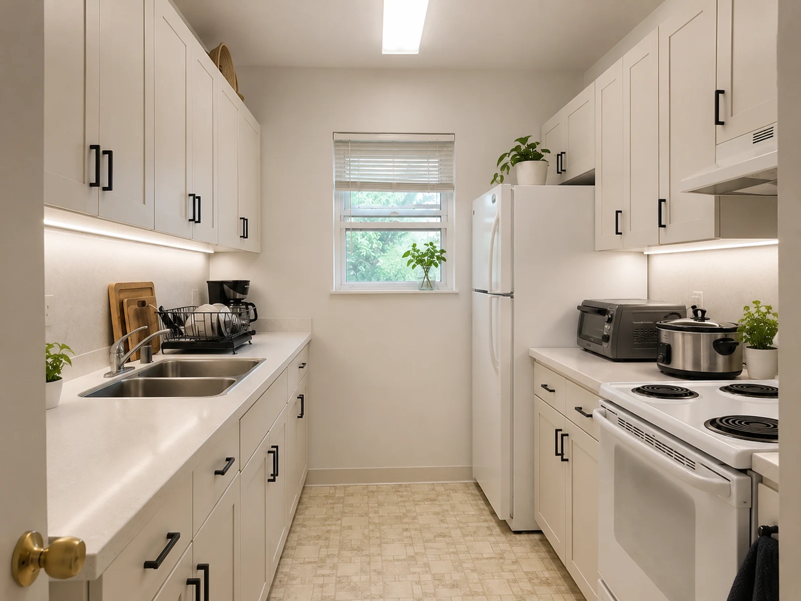 AI small kitchen design with lighter cabinets and improved task lighting