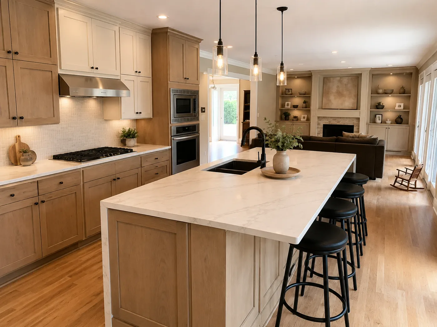 AI kitchen island material concept with lighter island and warm modern finishes