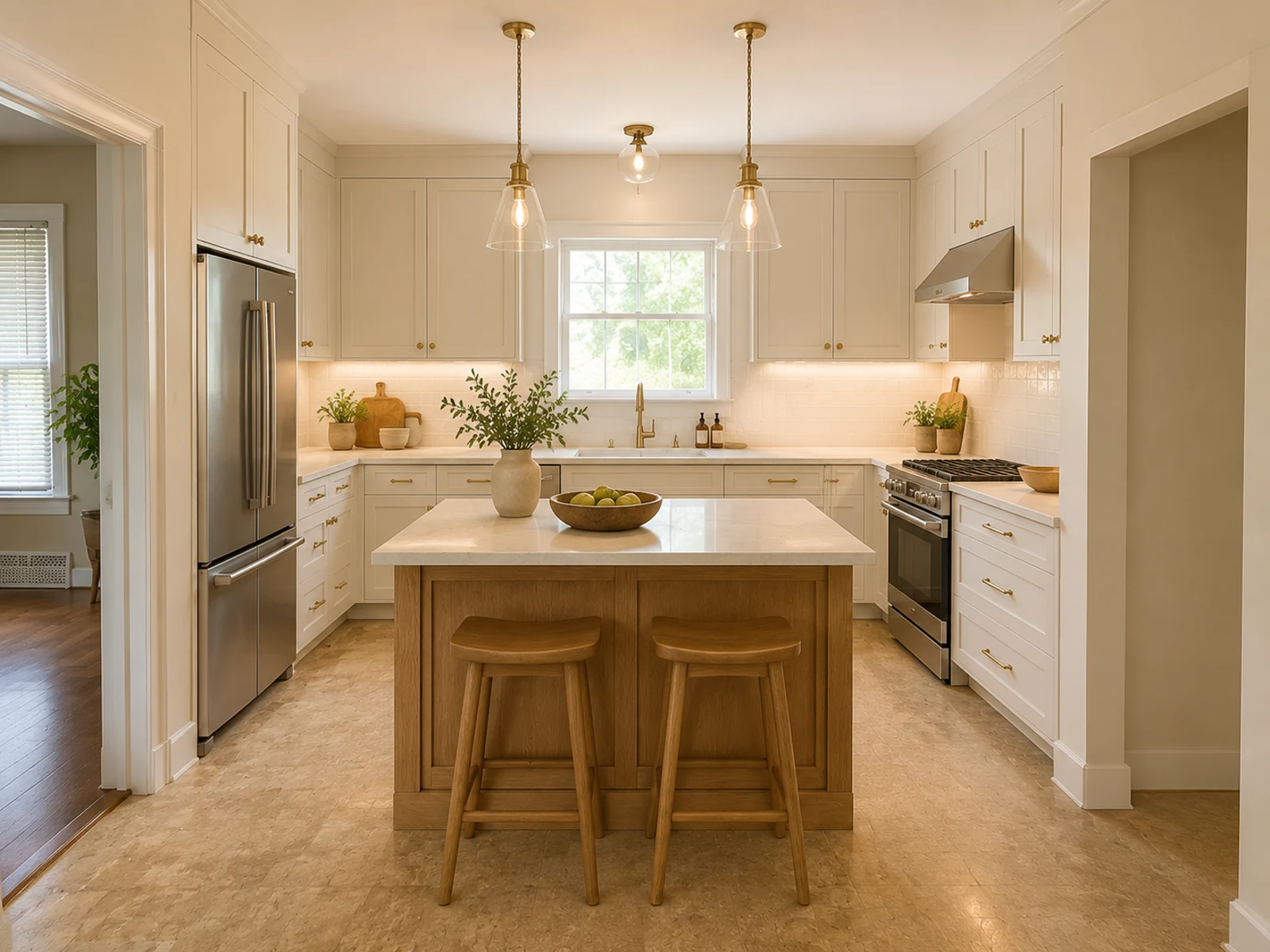 AI kitchen remodel concept with complete cabinets, counter, backsplash, and lighting