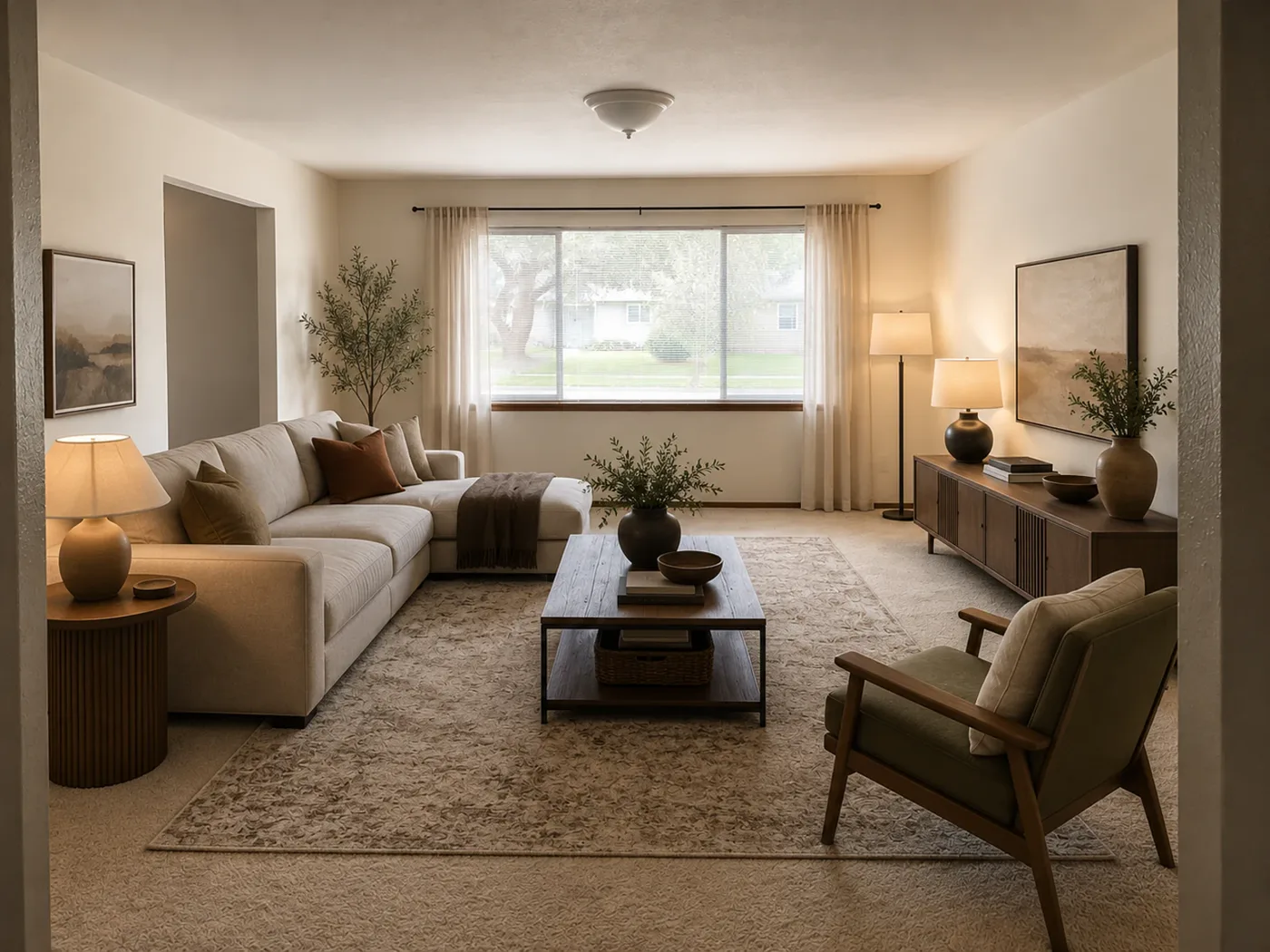 AI living room design concept with sofa layout, rug, TV wall storage, and warm lighting