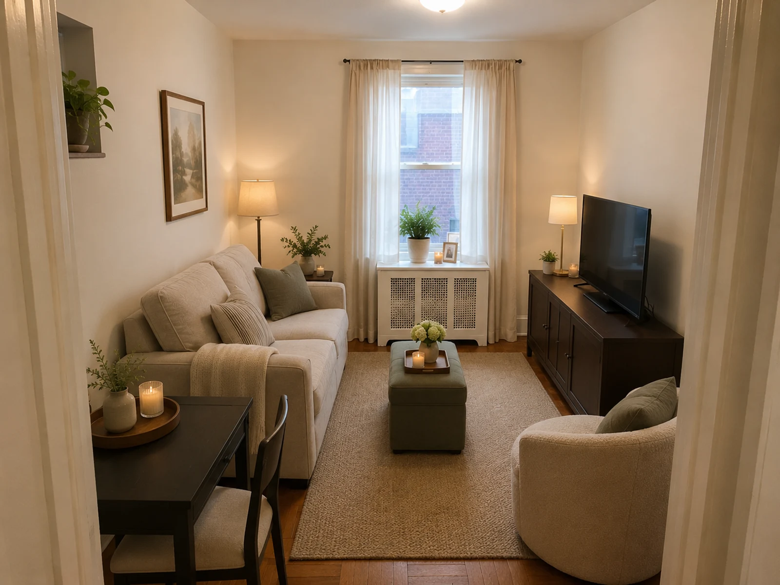 AI small living room design with compact seating, closed storage, clear paths, and layered lighting