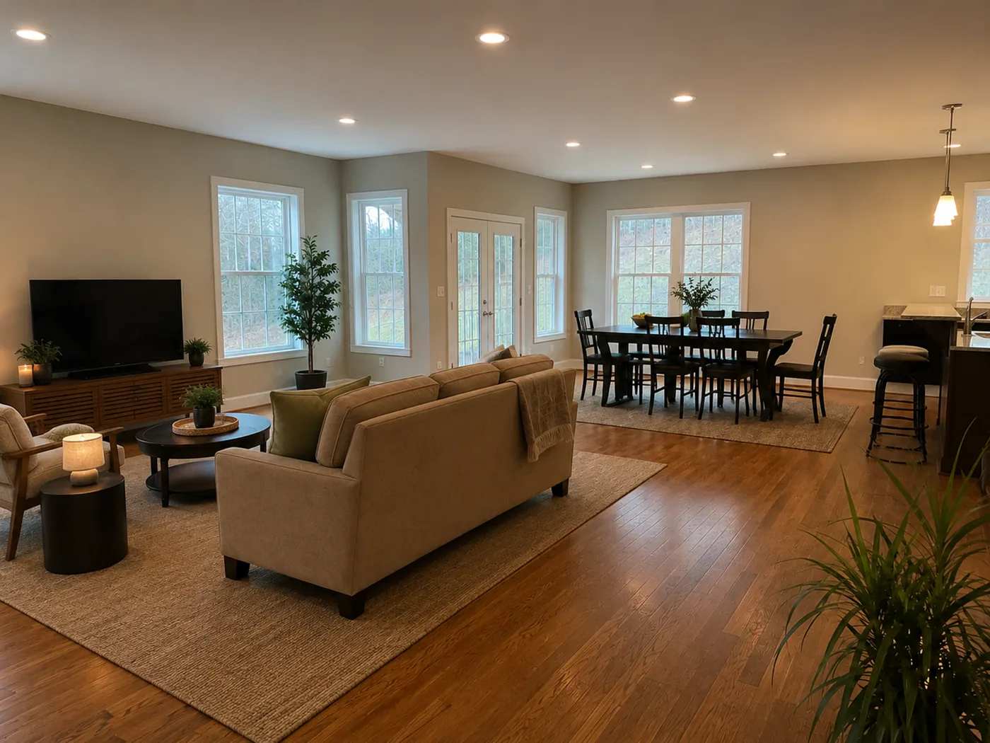 AI open-plan living room design with zoned seating, rug, lighting, and storage