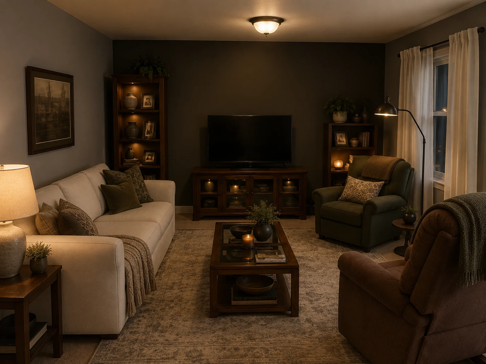AI dark modern living room design with deep focal wall, warm lighting, pale seating, and rug