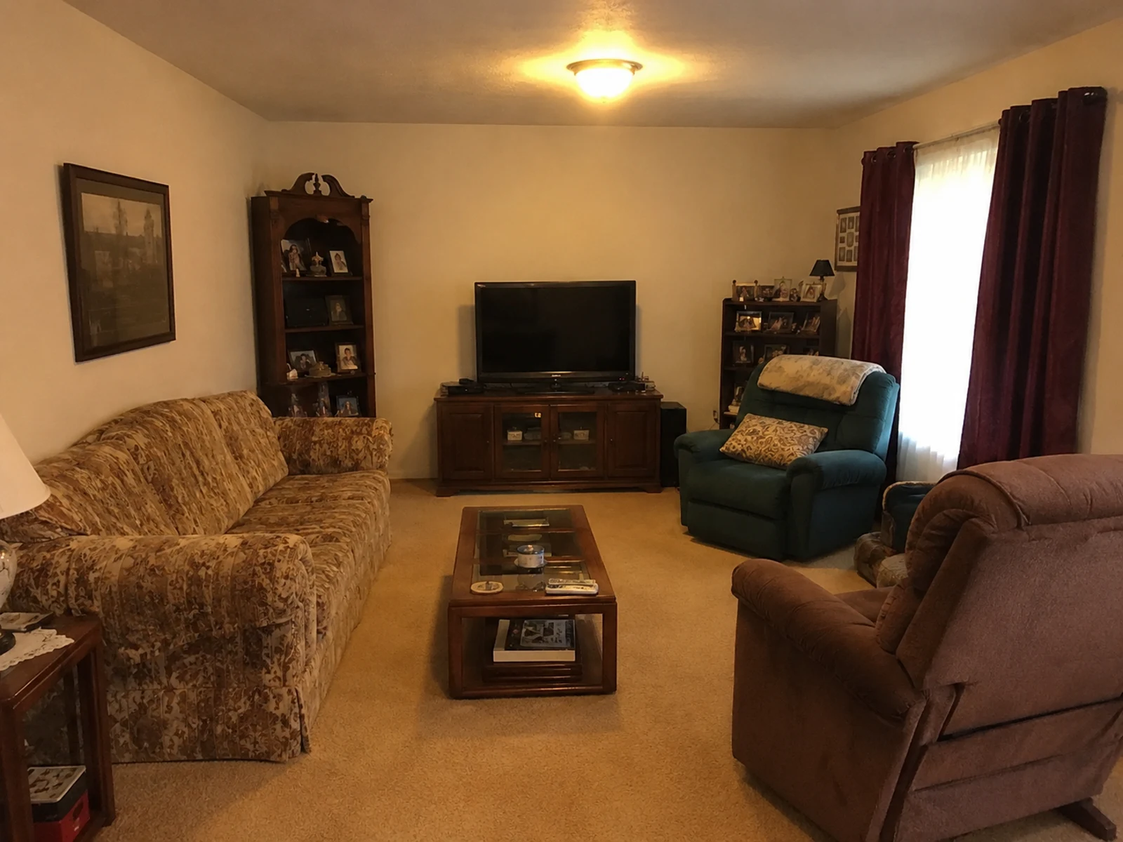 Dated living room before AI dark modern lighting and material study