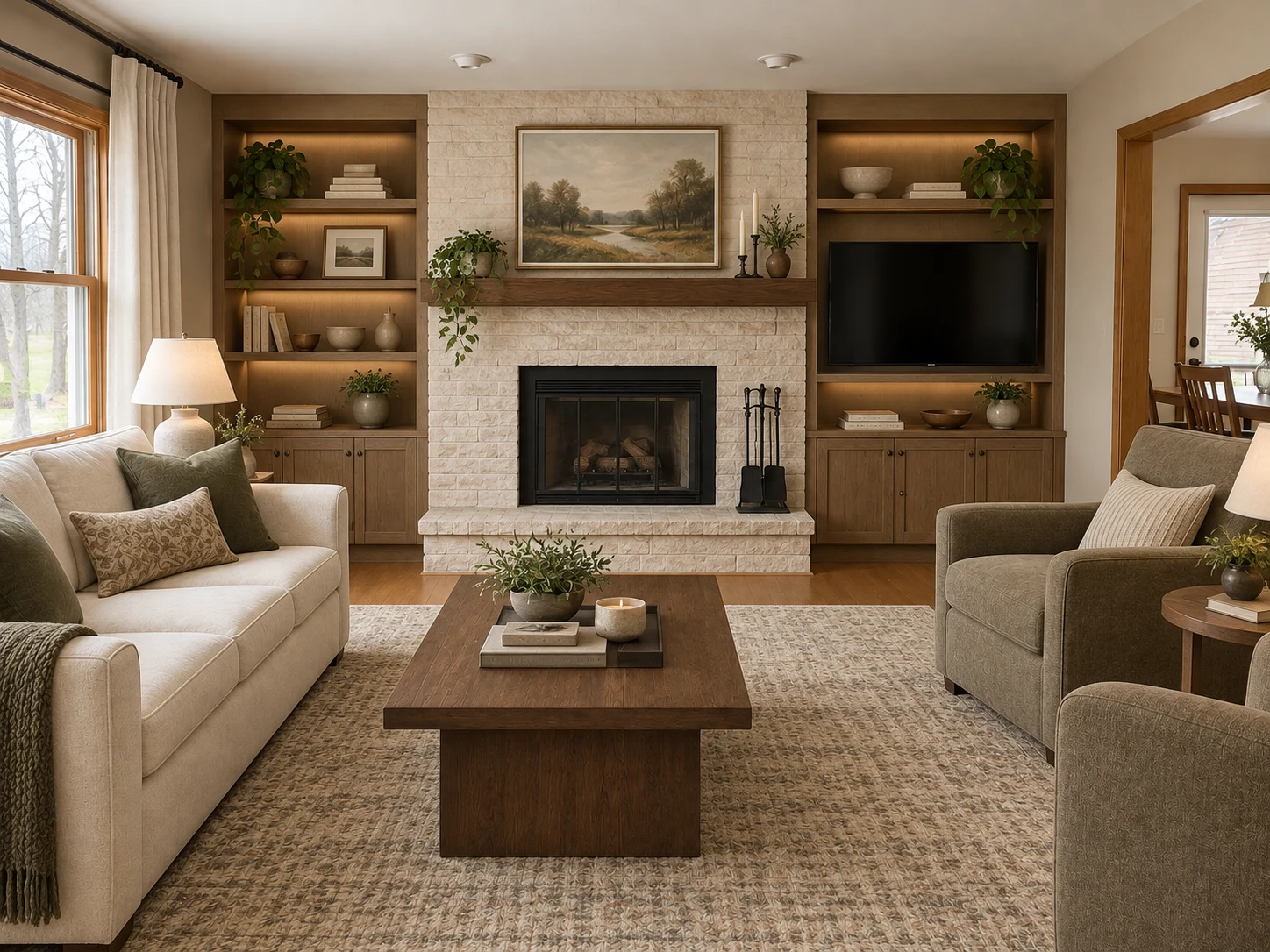 AI living room concept with restyled fireplace, integrated TV wall, built-in storage, and warm modern furniture