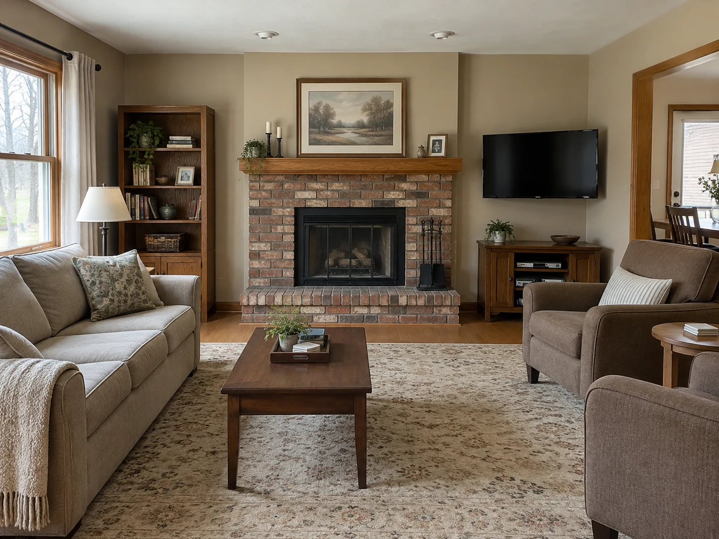 Dated living room before AI fireplace wall and TV redesign