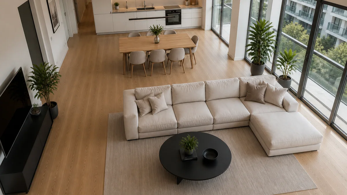 Same open-plan living space from an elevated bird's-eye view after an AI perspective change
