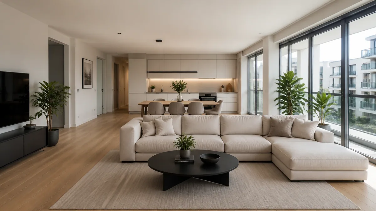 Open-plan living space from a front eye-level view before an AI perspective change