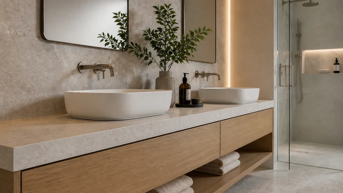 Same contemporary bathroom in a close vanity and material detail view