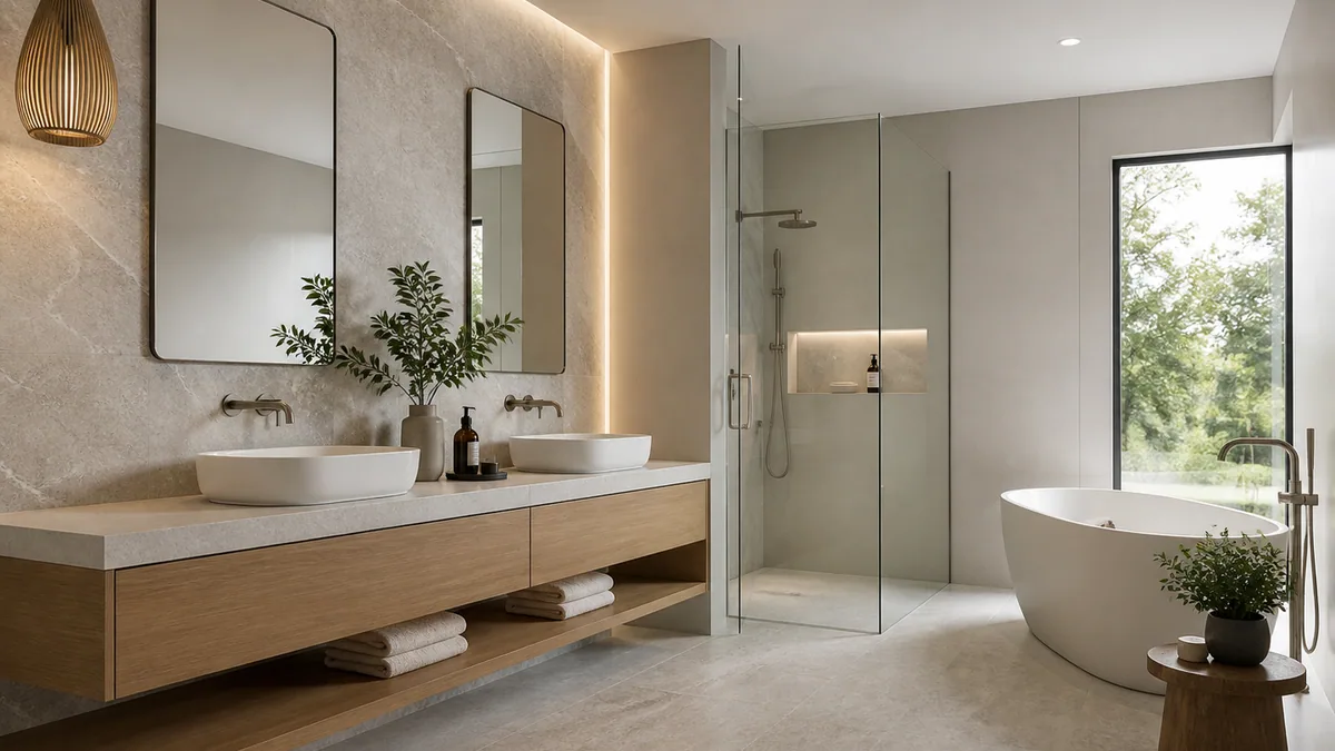 Contemporary bathroom in a wide room view before changing the camera framing