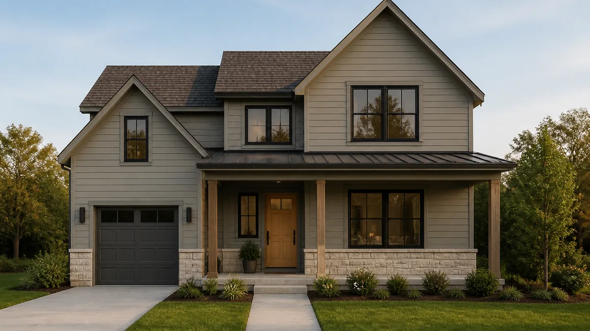 Two-story house from a centered front view before changing the exterior perspective