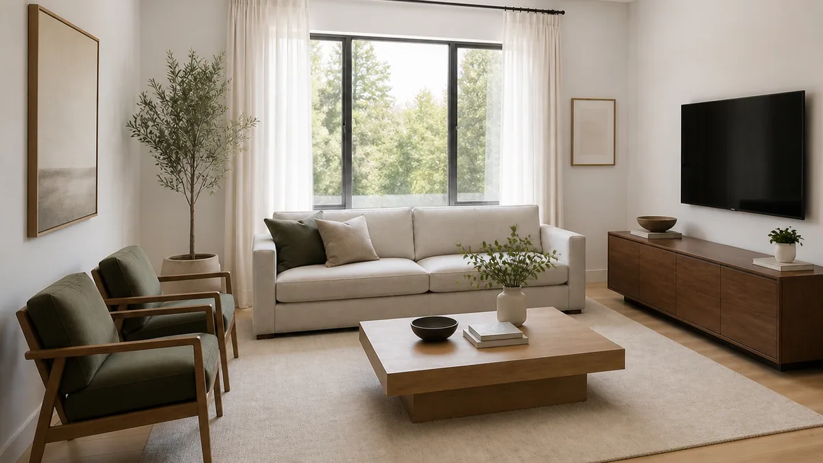 Same living room from a corner perspective after changing the camera angle with AI