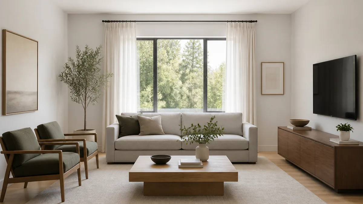 Living room from a straight eye-level view before changing the camera angle