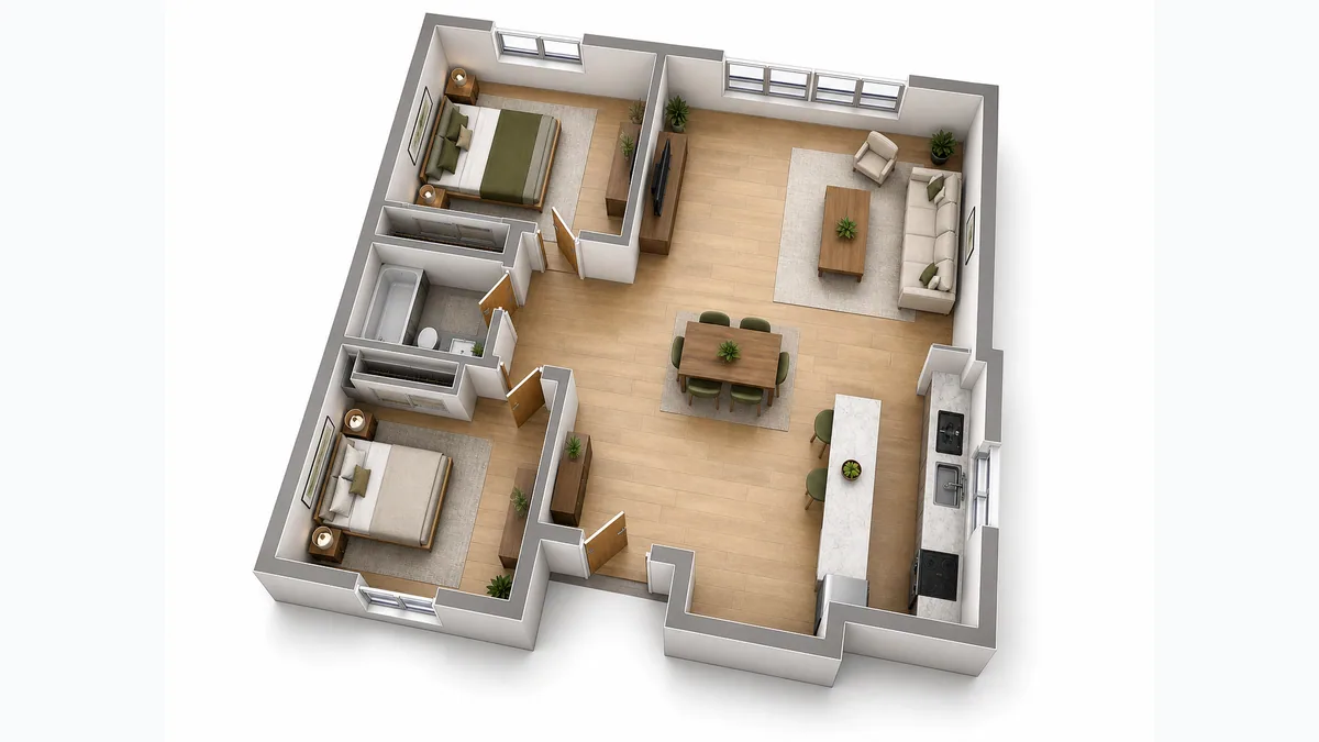 Same furnished two-bedroom 3D floor plan from an oblique 3D view