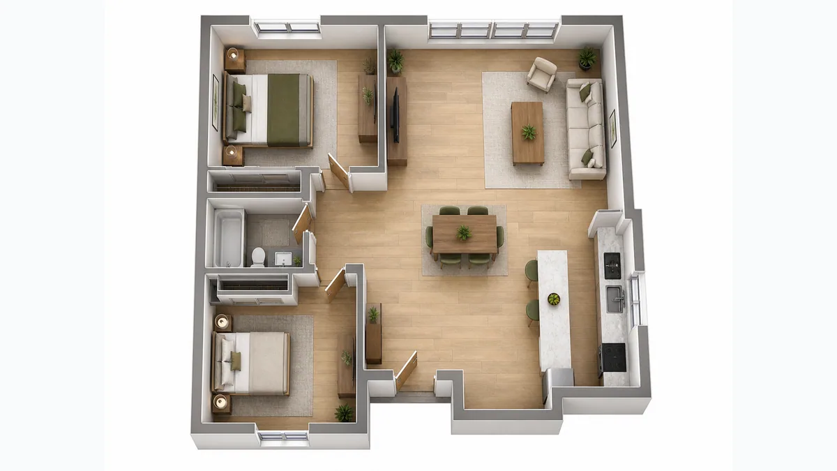 Furnished two-bedroom 3D floor plan from a direct top-down view