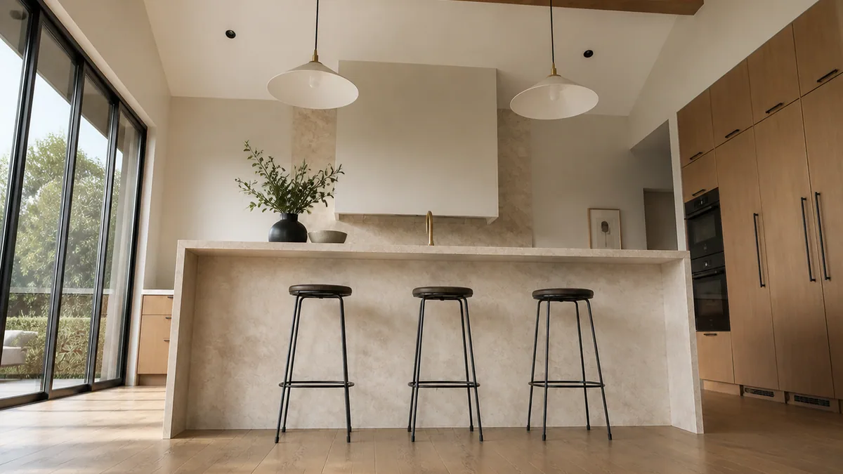 Same contemporary kitchen from a floor-level low-angle perspective