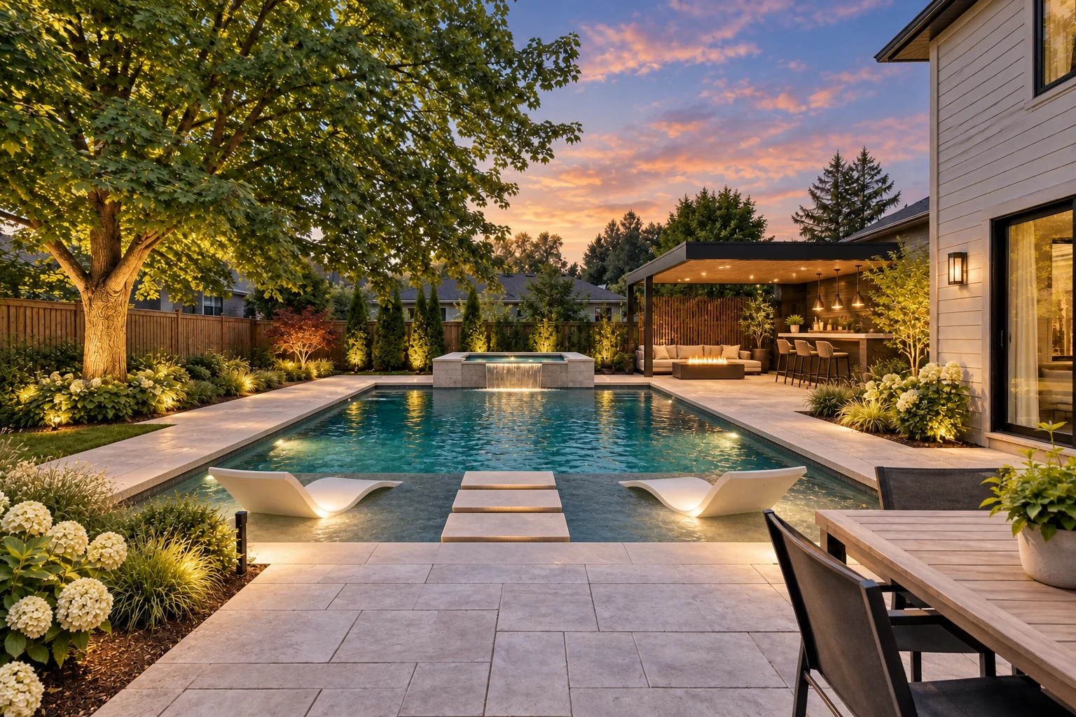 Empty backyard transformed with a luxury swimming pool, sun shelf, integrated spa, pavilion, outdoor bar, fire feature, and landscape lighting