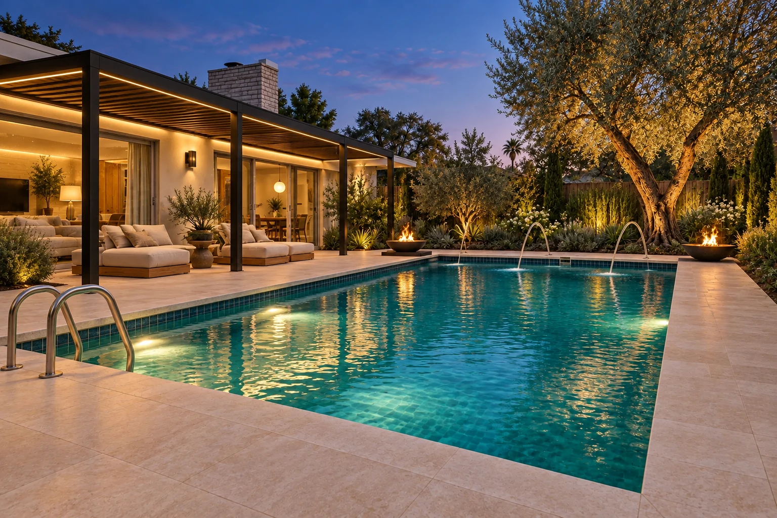 Existing pool transformed into a luxury resort-style design with pergola, fire bowls, water jets, planting, and dramatic lighting