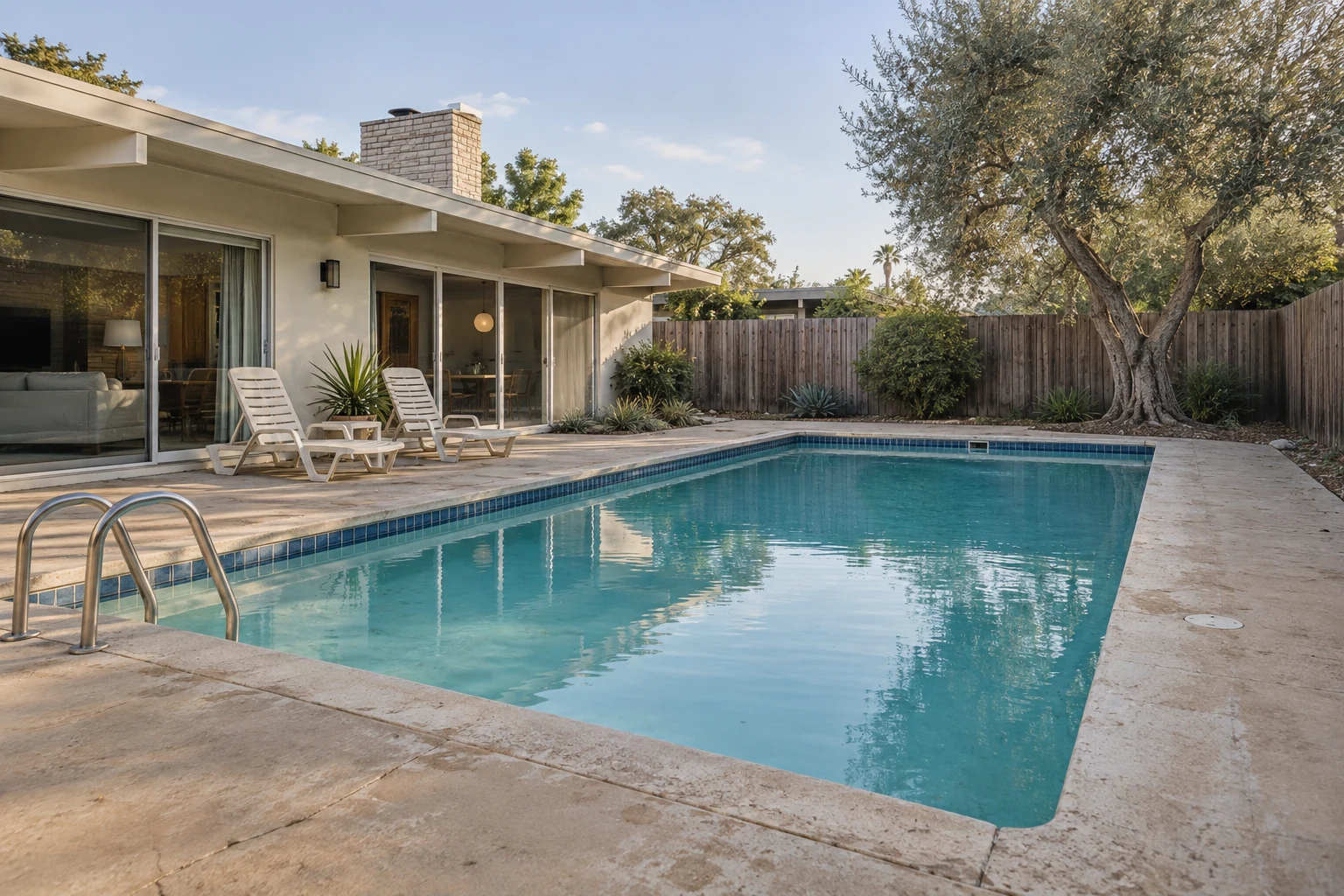 Existing pool area before an AI pool remodel concept