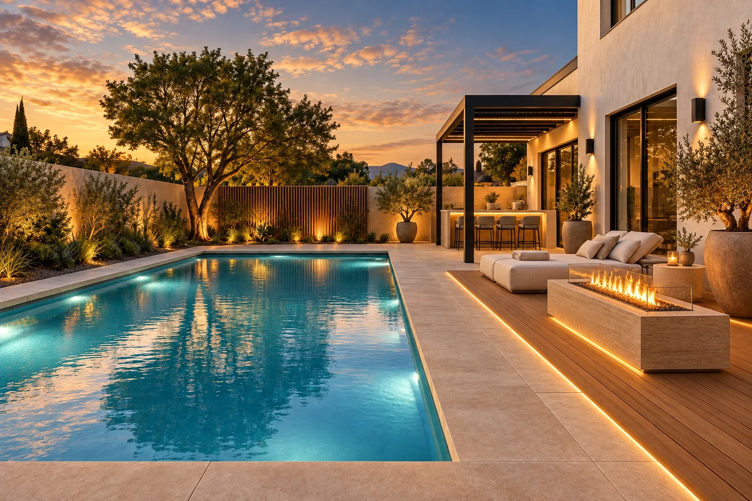 Luxury pool deck transformation with timber platform, sculptural daybeds, outdoor bar, linear fire feature, and dramatic lighting