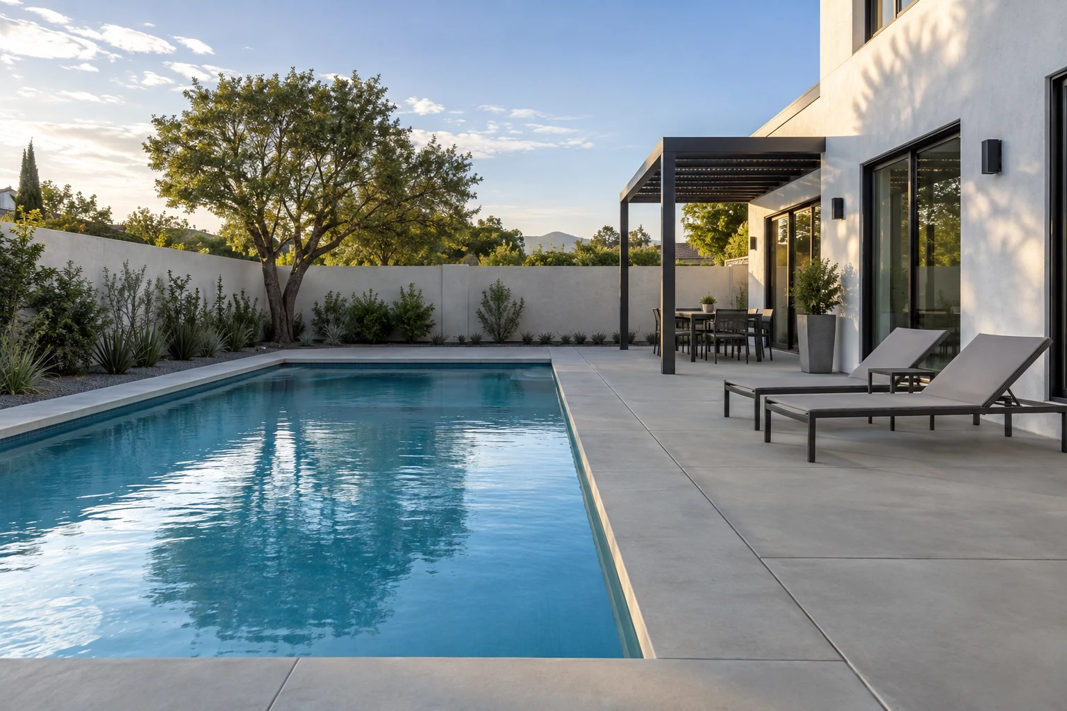 Poolside deck before AI pool design with existing surface and outdoor edge