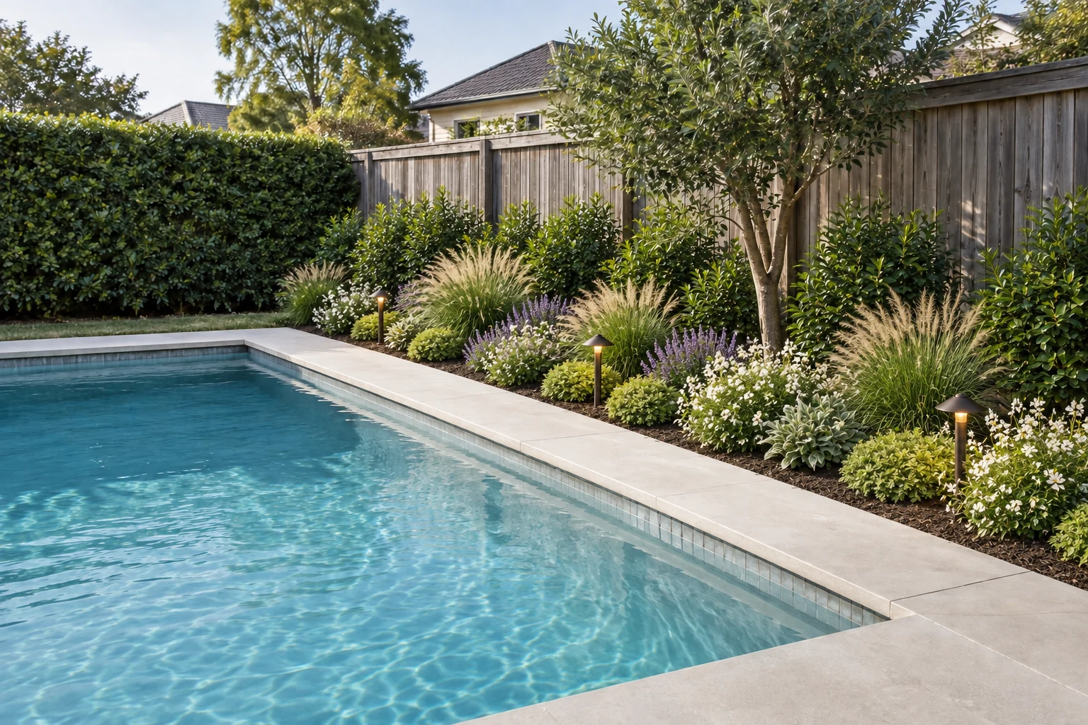 Pool edge after AI pool design with layered planting, deck surface, privacy, and lighting