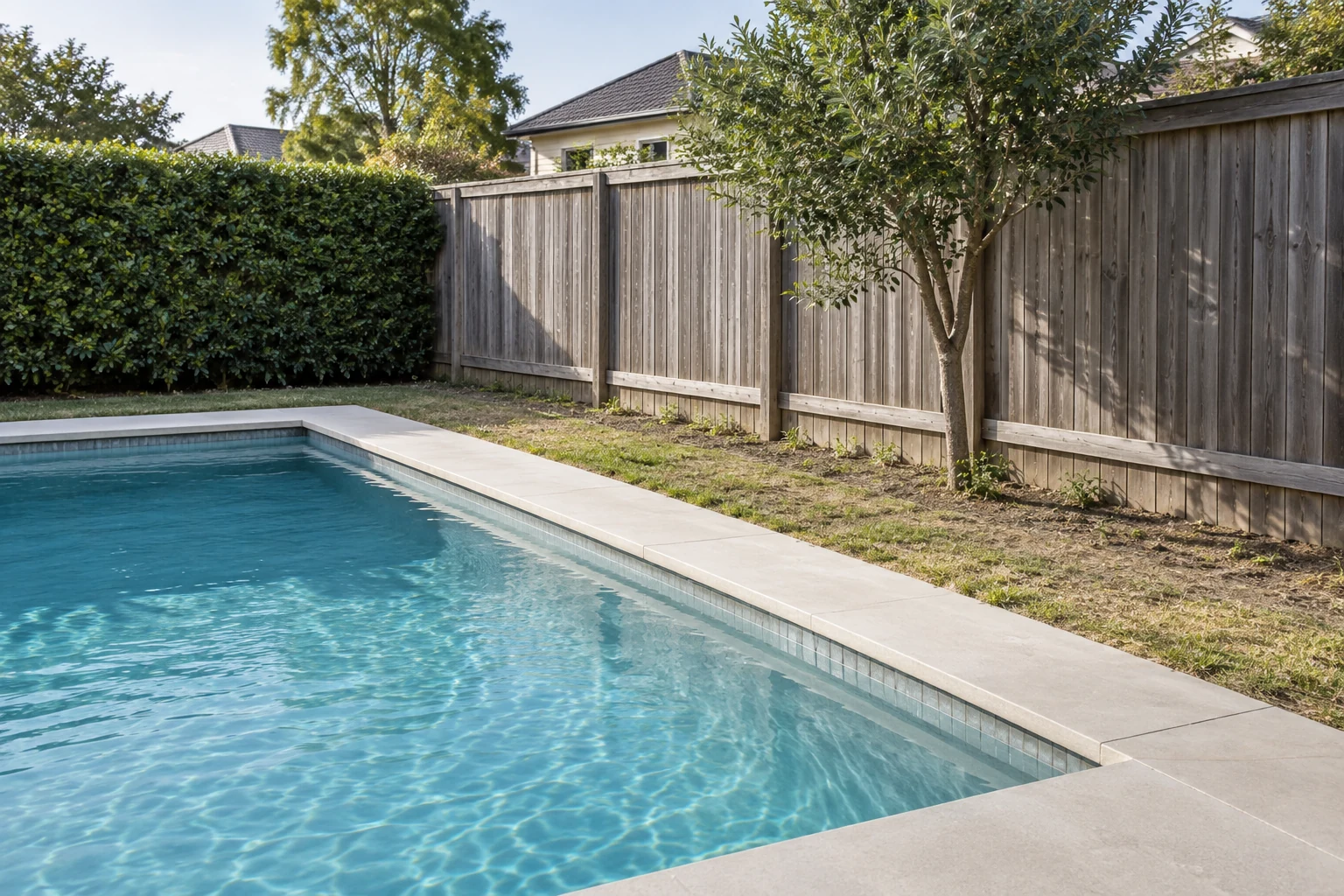 Outdoor poolside area before AI pool design with simple deck surface and planting edge