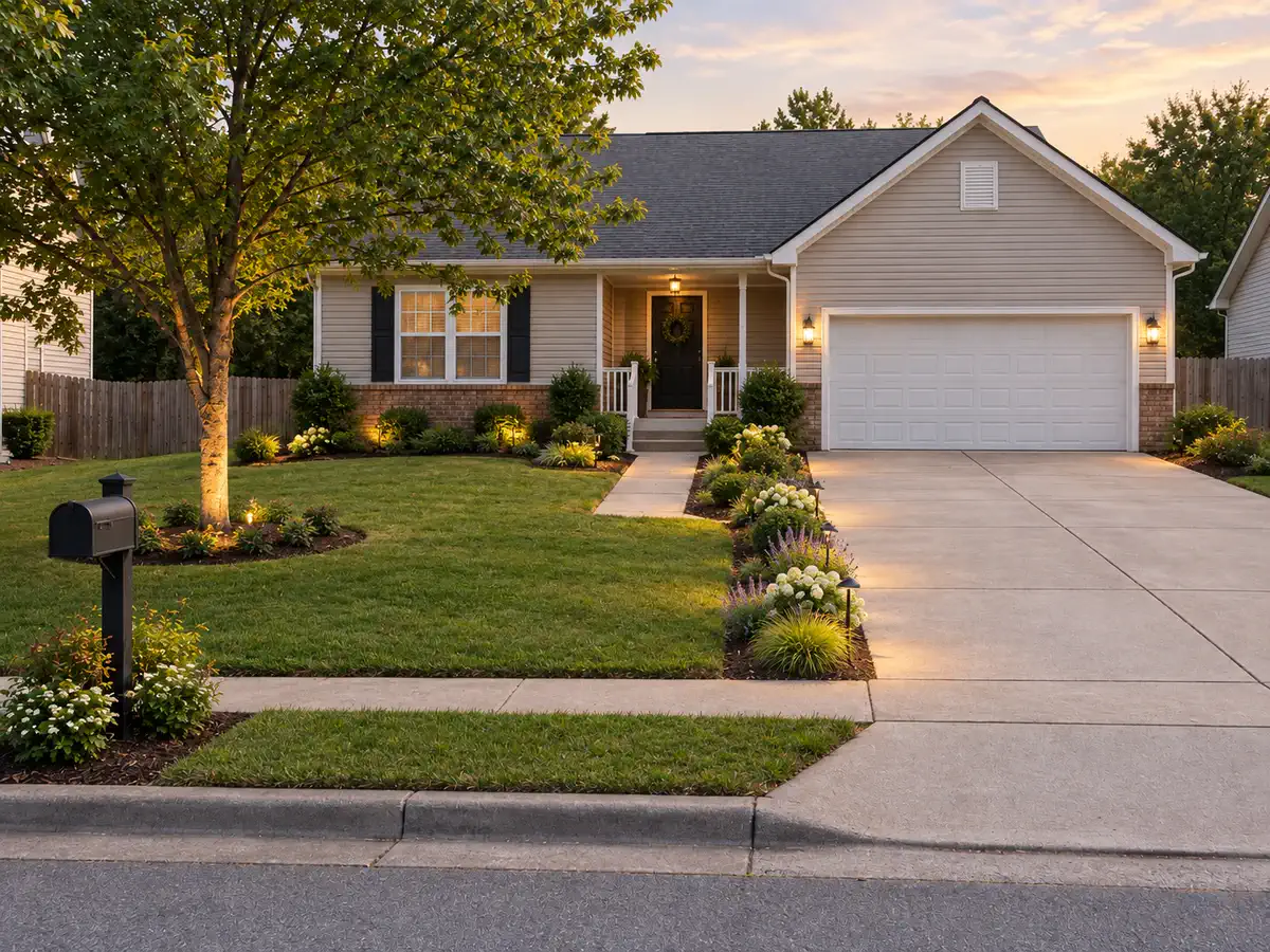 Driveway entry after AI yard design with defined edge planting, a clear front walk, open sightlines, and warm lighting