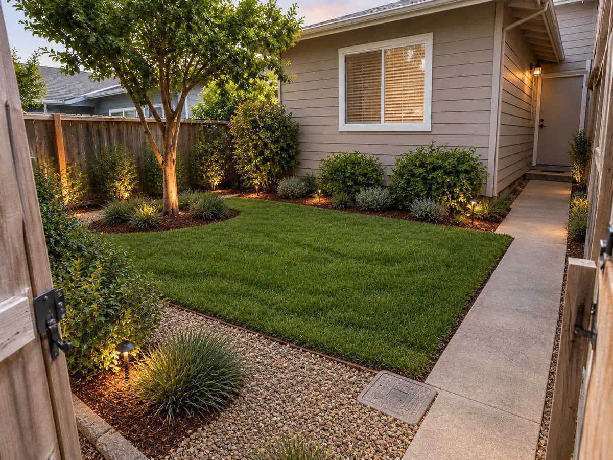 Low-maintenance small yard after AI yard design with reduced lawn, gravel, mulch, structured shrubs, and clear circulation