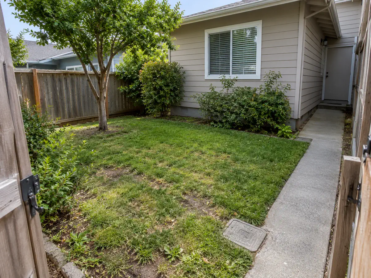 Small yard before AI yard design with worn lawn, a mature tree, concrete path, fence, gate, and utility access