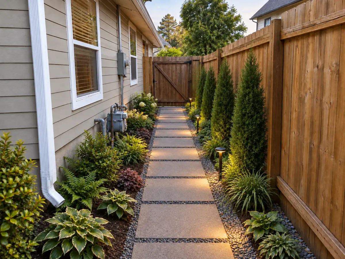 Side yard after AI yard design with a clear path, slim privacy planting, gravel edges, and low lighting