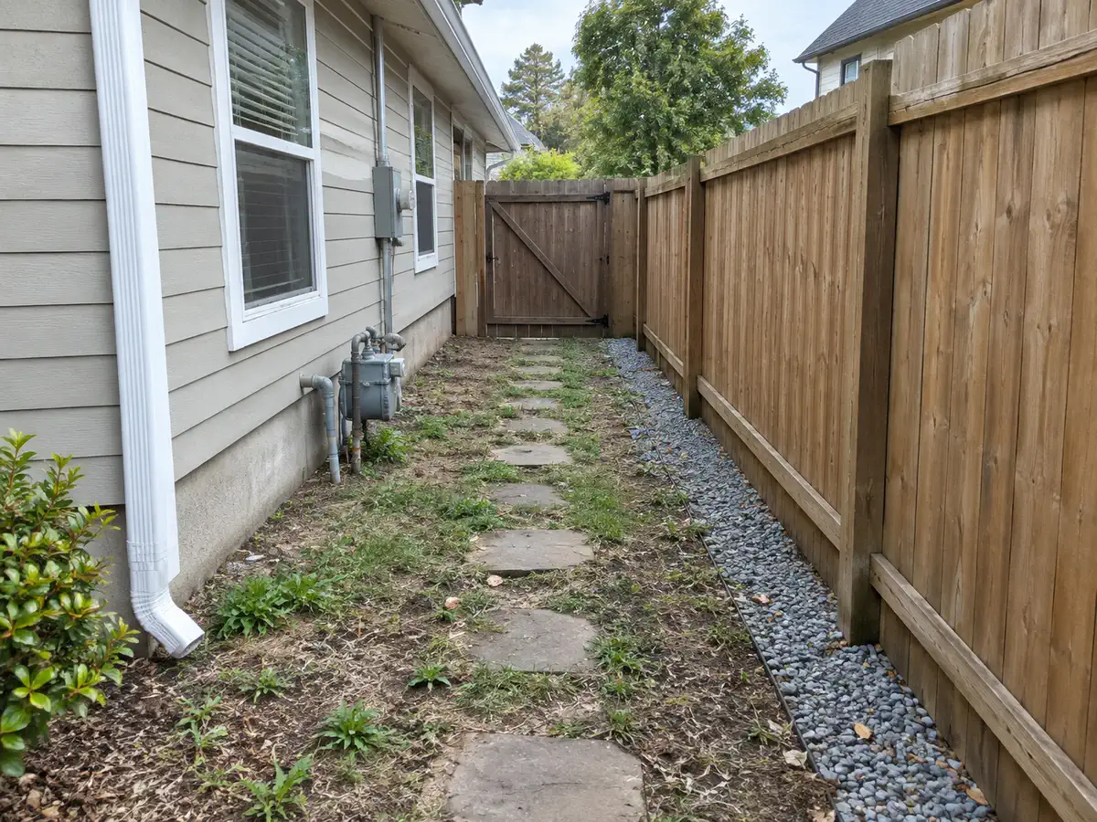 Narrow side yard before AI yard design with an uneven path, utility access, timber fence, and gate