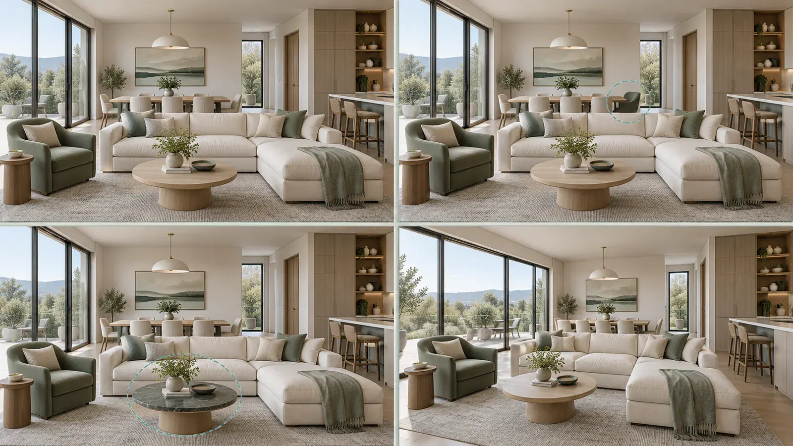 Four views of the same living room showing an approved base image, one chair change, one material change, and a consistent second camera angle